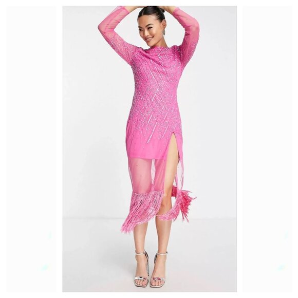 STARLET Sequin Midaxi Dress in Hot Pink with Faux Fur Trim - Picture 1 of 11
